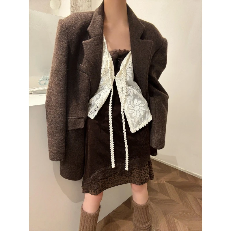 韩系一整套秋冬穿搭气质富家千金咖色西装外套内搭连衣裙两件套女