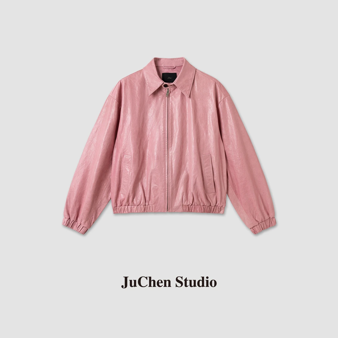 拉夫双色蜡染芭乐粉山羊皮翻领皮衣夹克外套 SS025619-22