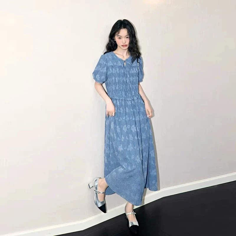 【蓝花楹】夏季新款浅蓝色泡泡袖减龄气质连衣裙子女