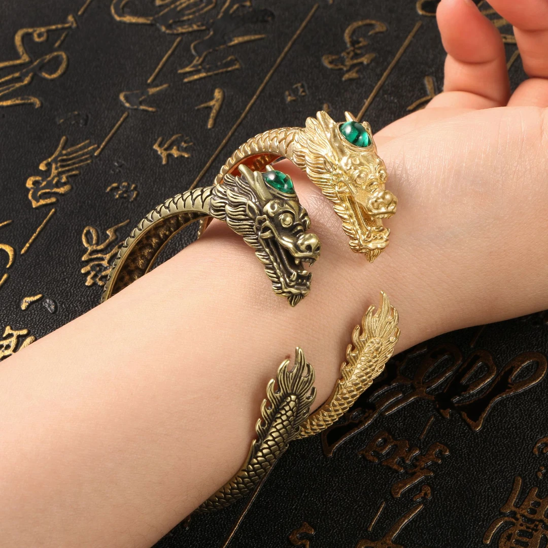 黄铜手镯 国潮龙凤呈祥双头手镯镶锆石黄铜镯子复古个性龙手镯