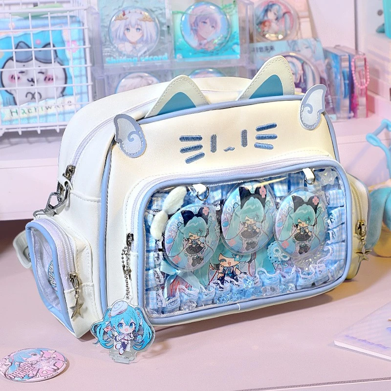 可爱猫咪痛包透明多层大容量送扎板女生高颜值吧唧谷子收纳双肩包