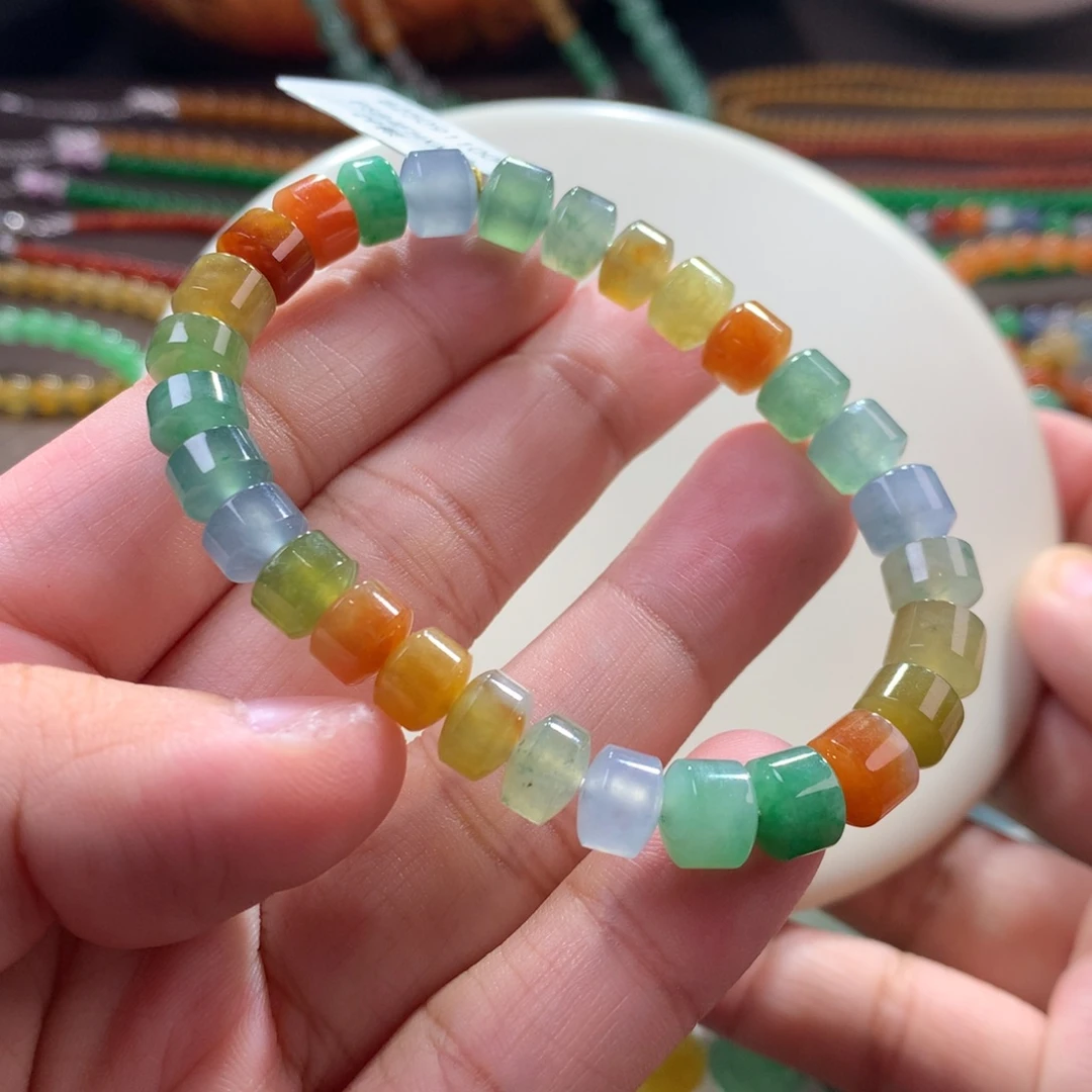 未镶嵌手链翡翠大漏！闭眼拍！冰浓彩多巴胺彩虹桶珠单圈卡7.4~7.5