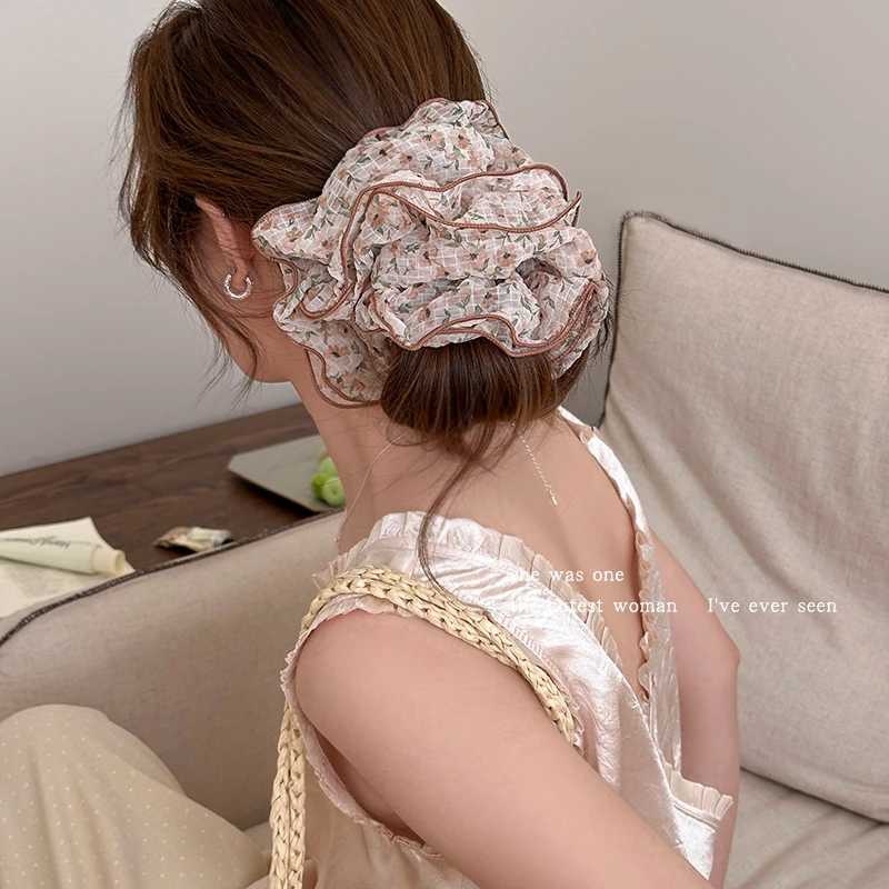 田园风碎花褶皱大肠发圈超大头花橡皮筋女扎头发绳头饰高级感头绳