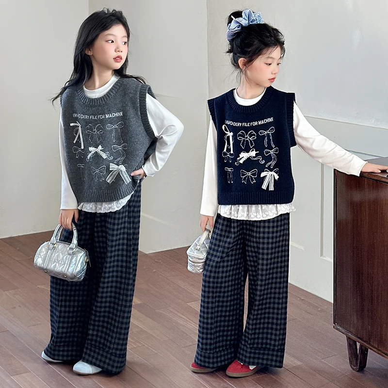 女童学院风毛线马甲三件套2025秋装新款小女孩洋气时髦格子裤套装