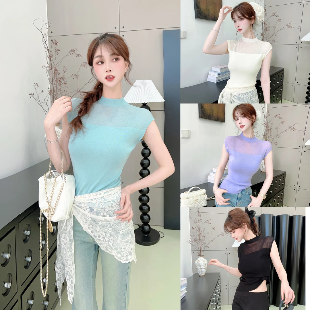 《月之缪斯》超好看独特漂亮上衣打底衫修身显瘦网纱拼接无袖t恤