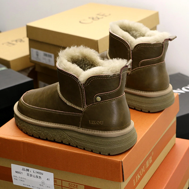 8812内里全羊毛！男士短筒雪地靴皮面防水厚底东北防滑保暖大棉鞋