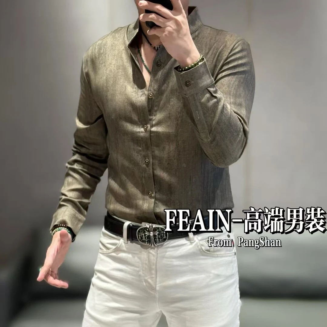 高端男士中山领手工扎染工艺立体修身裁剪长袖衬衫71036