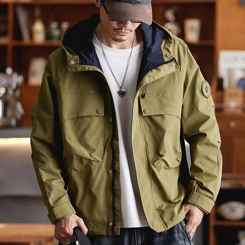 美式连帽工装夹克男秋款宽松潮牌覆古风男士运动户外冲锋衣外套