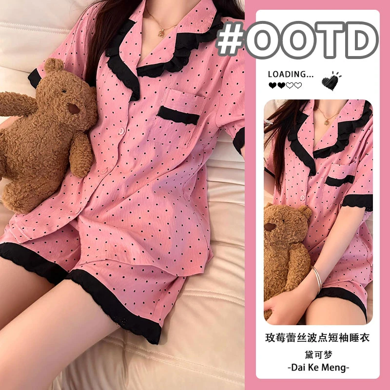 【玫莓日记】ins甜美蕾丝拼接短袖短裤外穿少女夏季薄款家居服套装