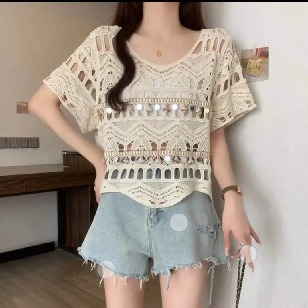 波西米亚民族钩花贝壳镂空针织罩衫女广东老钱加宽加大女装新款