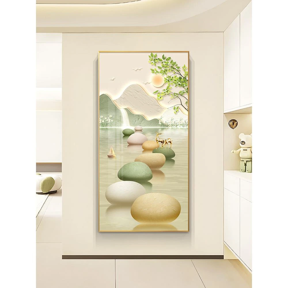 玄关装饰画清新北欧入户走廊过道挂画奶油风石来运转进门竖版壁画