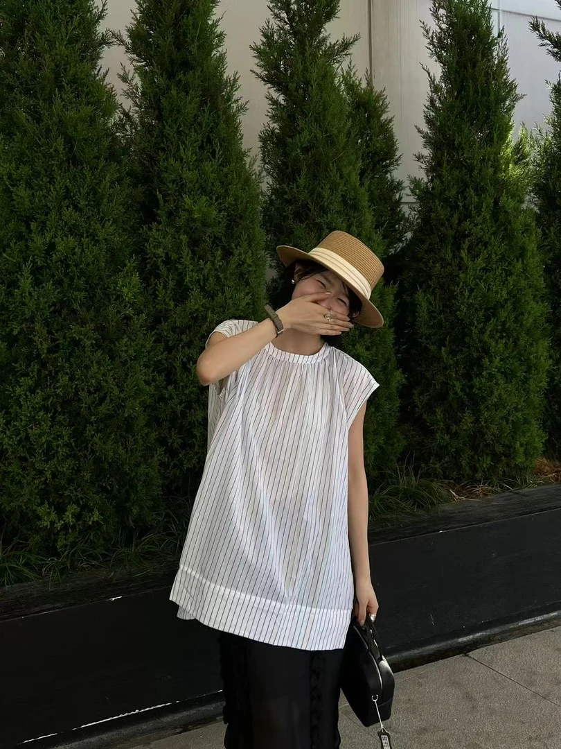 夏季无袖通勤中长款圆领条纹衬衫拼接休闲tenniscore百搭230618