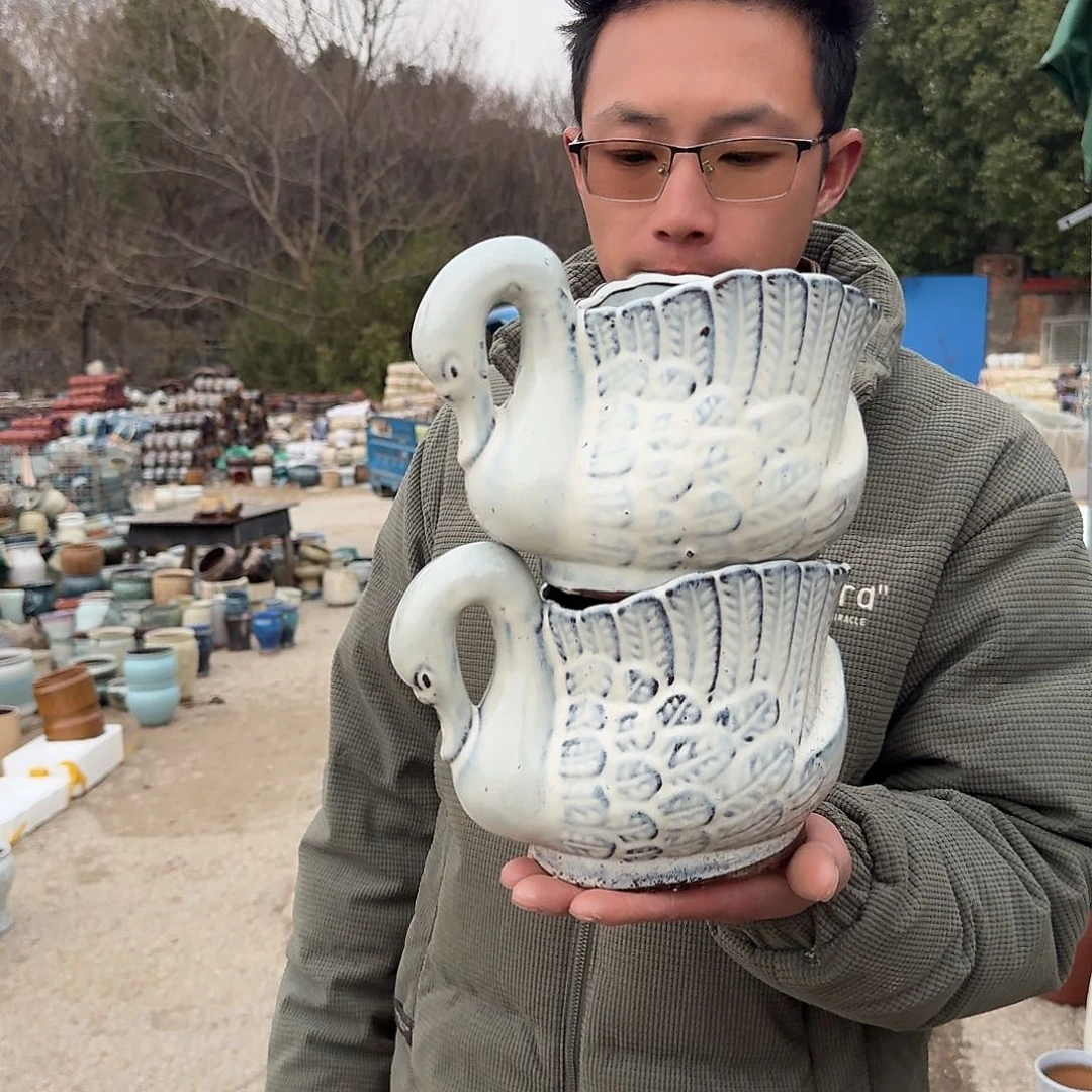 紫砂花盆鹅白色两个两个