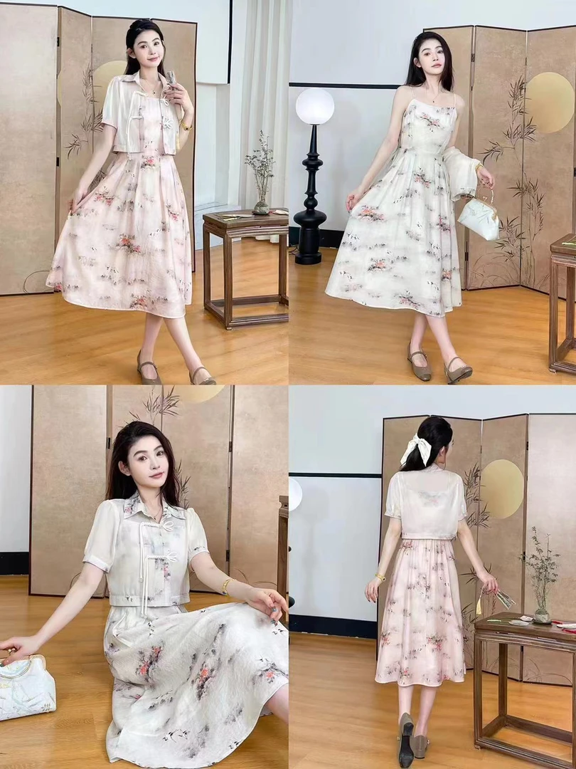 89-.3 雷姐女装 新中式套装洋气显瘦短袖女装连衣裙收腰复古