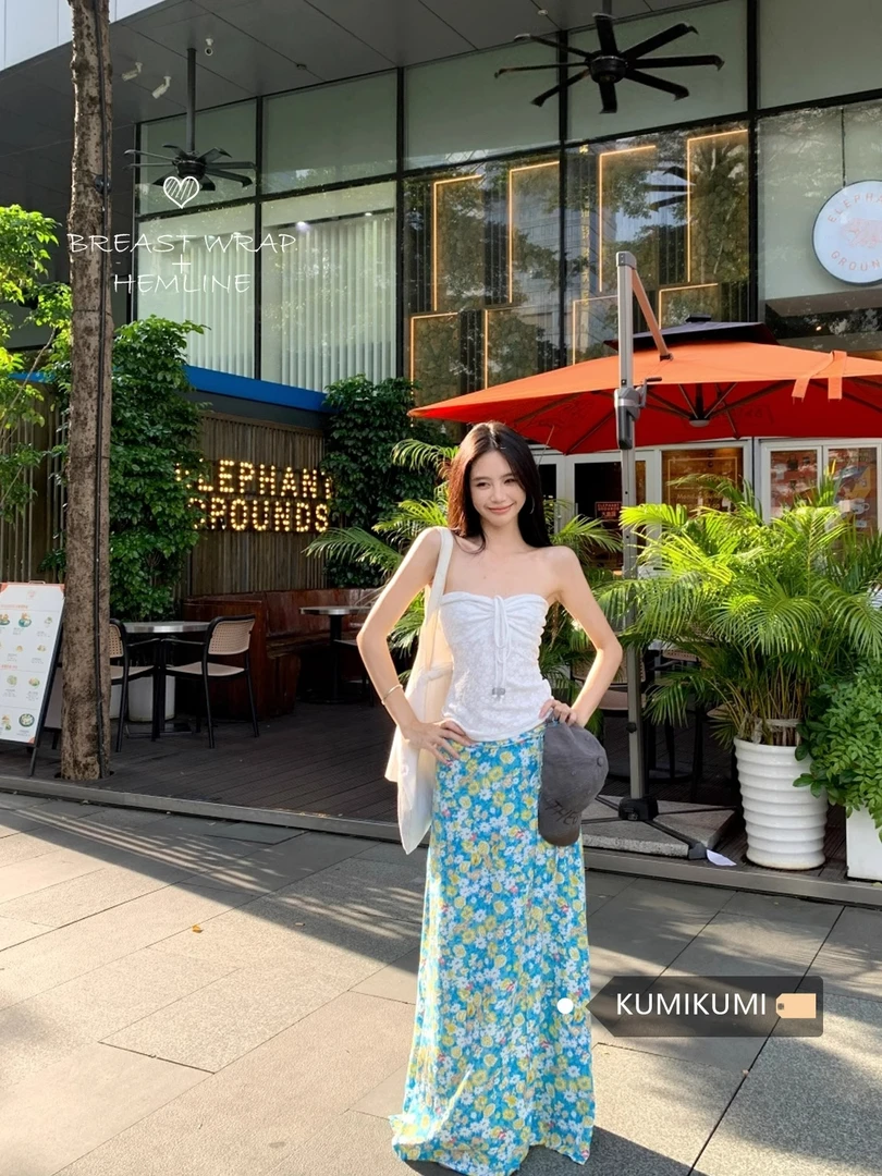 【海岛度假】法式夏季新款抽绳抹胸背心上衣蓝色碎花半身裙两件套装