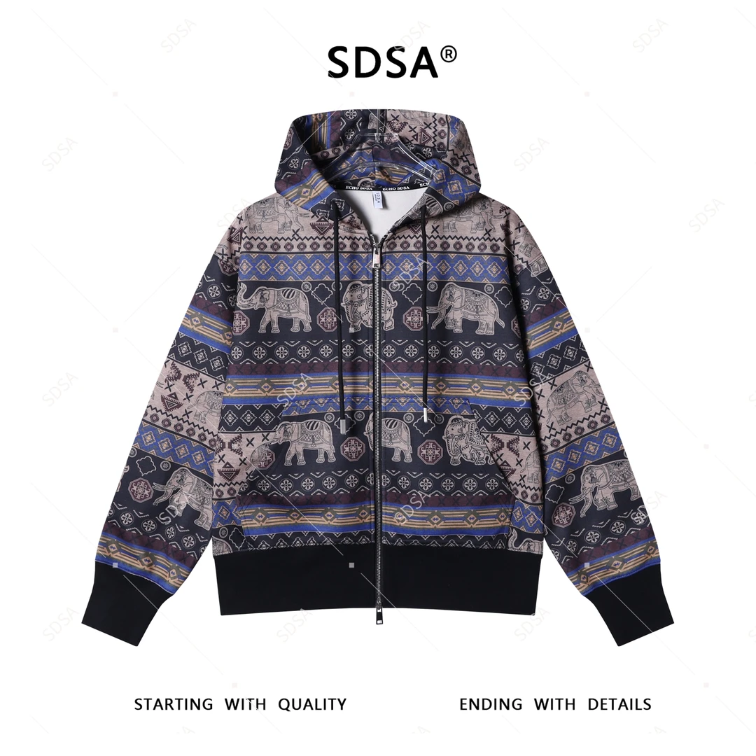 SDSA男士2025新款轻奢痞帅男装撞色动物图案设计拉链连帽卫衣外套