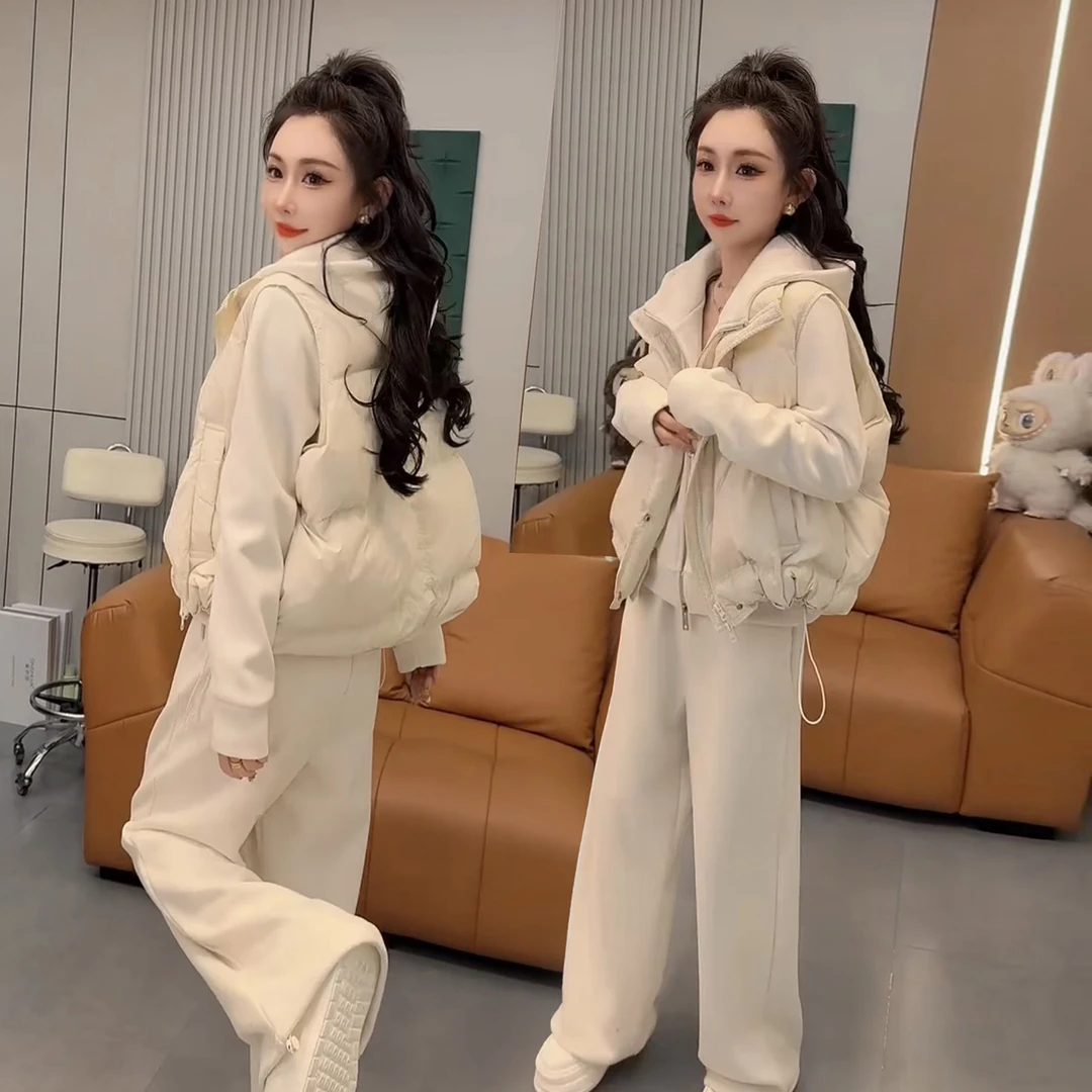秋冬新款加绒卫衣卫裤马甲三件套韩系保暖休闲运动套装女时尚洋气