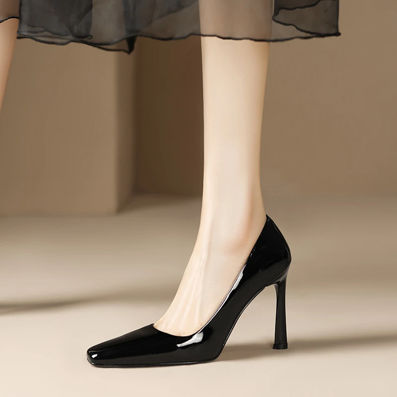 10cm法式小方头漆皮高跟鞋时尚细跟性感女鞋百搭不累脚职业工作鞋