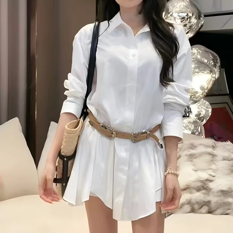 【两件套】【送腰带】法式POLO领长袖衬衫辣妹短款收腰两件套装D0556