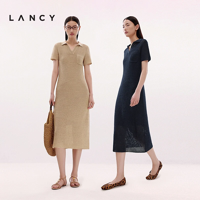 LANCY/朗姿2025夏季新款镂空针织POLO领修身收腰度假风连衣裙女