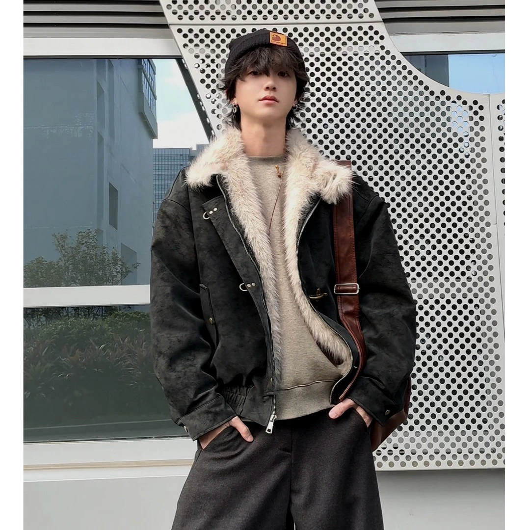 QIUYIDAODI冬季美式重磅1000g染尖托卡长毛飞机扣哈灵顿座山雕男