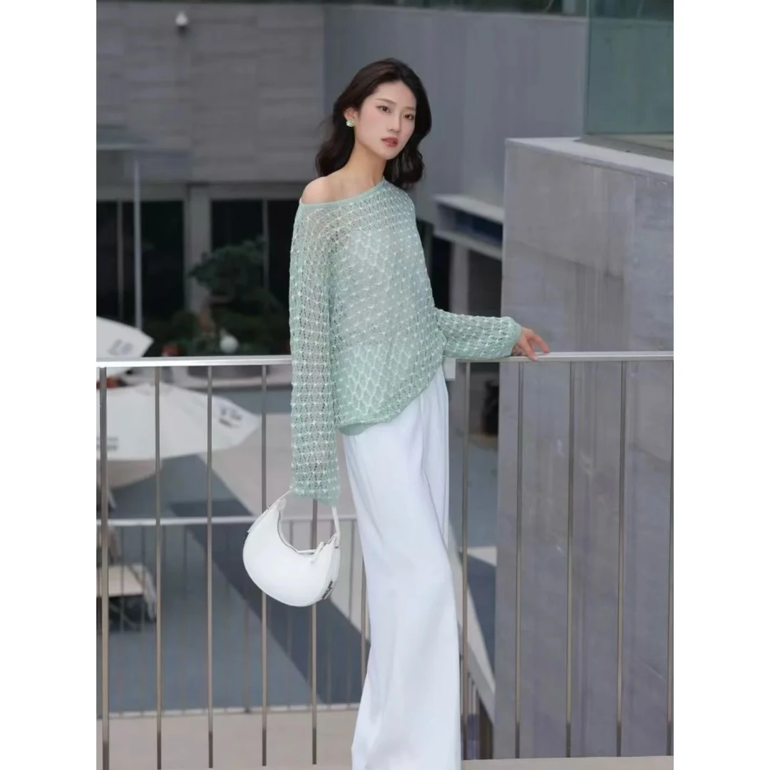 GIRDEAR/哥弟「青竹雨林」春夏新款慵懒镂空针织气质绿色上衣138037