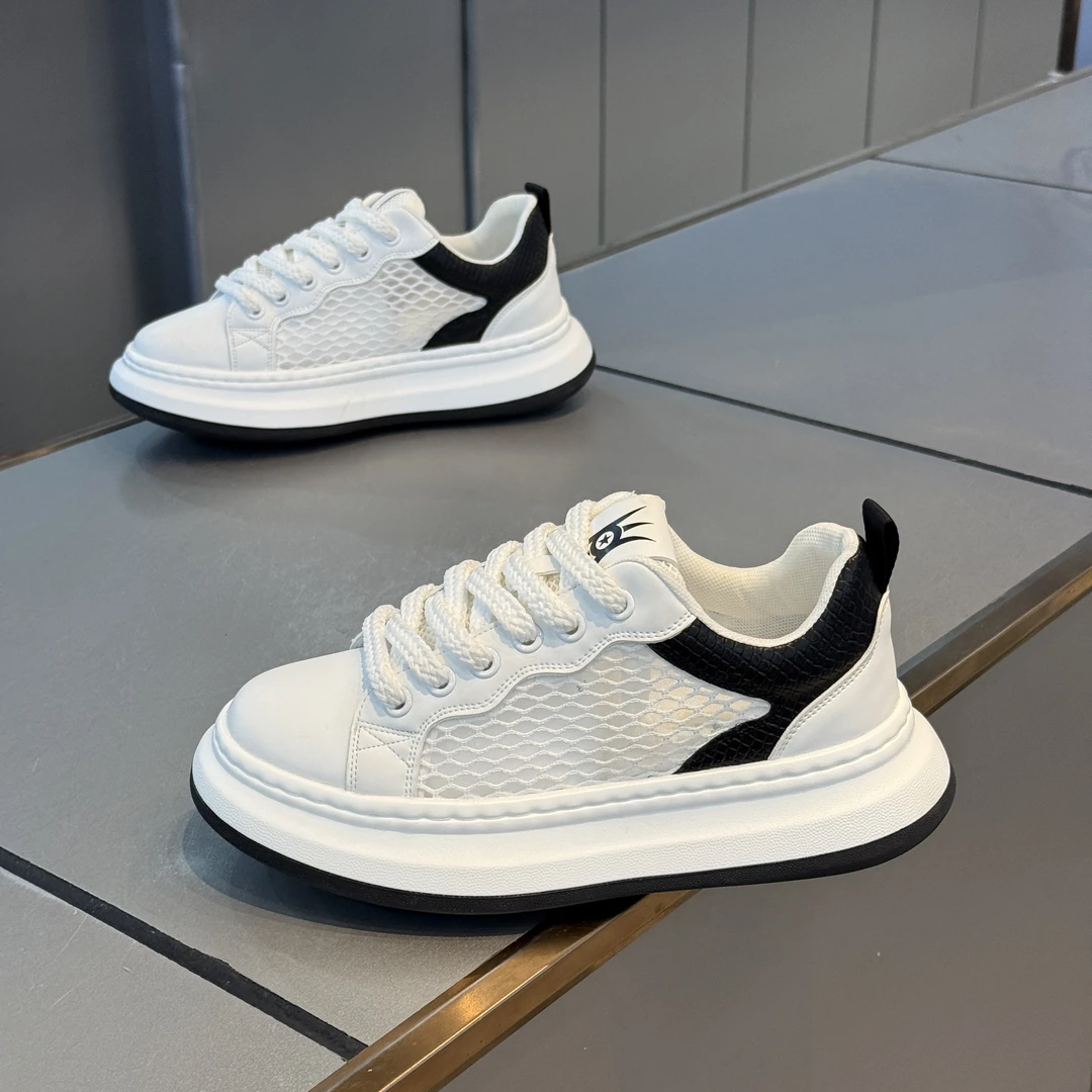 男鞋2025夏季新款时尚休闲透气镂空网面鞋百搭厚底增高小白老爹鞋