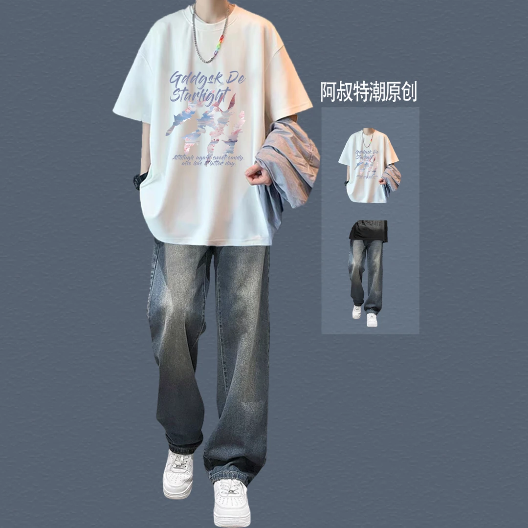 美式高街纯棉短袖t恤夏季青少年男士休闲套装套装ins潮流男装一套