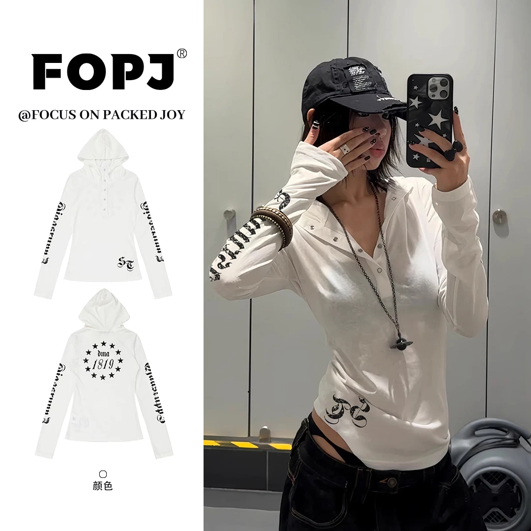 FOPJ美式复古纯欲风连帽防晒罩衫长袖t恤女百搭修身显瘦辣妹上衣