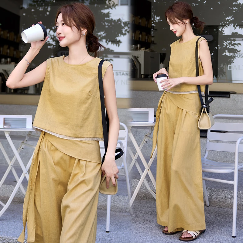 亚麻老钱风时尚气质套装2025夏季新款阔腿裤减龄上衣两件套