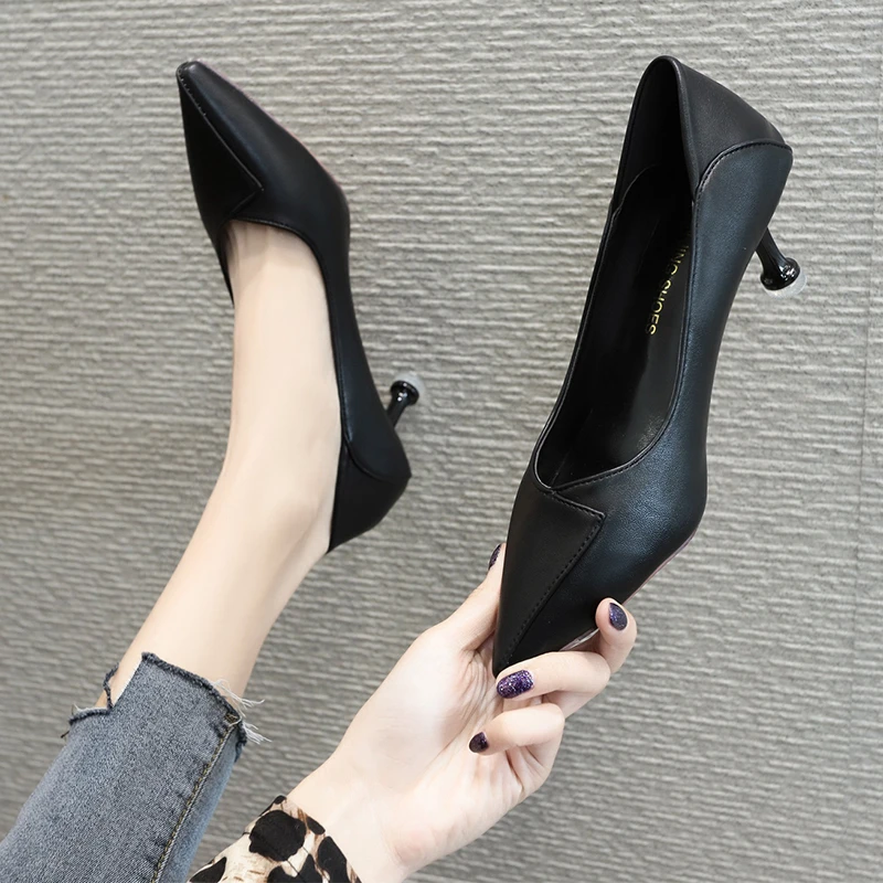黑色高跟鞋3cm软皮软底空姐工作鞋女久站不累脚面试上班小猫跟鞋