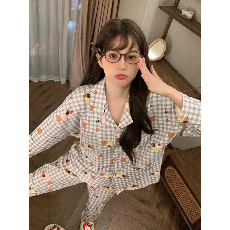 芯语婷春秋季新款蓝格腊肠狗女士睡衣冬季长袖长裤家居服可外穿