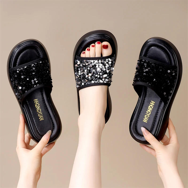 厚底拖鞋女夏外穿2025新款时尚增高亮片仙女风配裙软底凉拖小码34