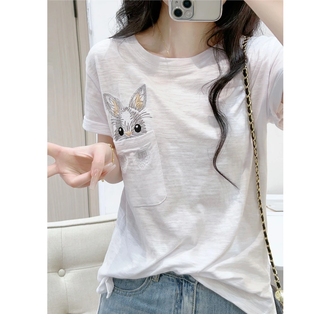 兔子刺绣竹节棉圆领短袖t恤衫女夏季新款宽松显瘦休闲设计感上衣