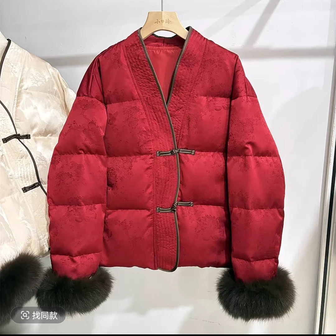 V领新中式高端国风复古盘扣提花棉服女棉衣拜年服