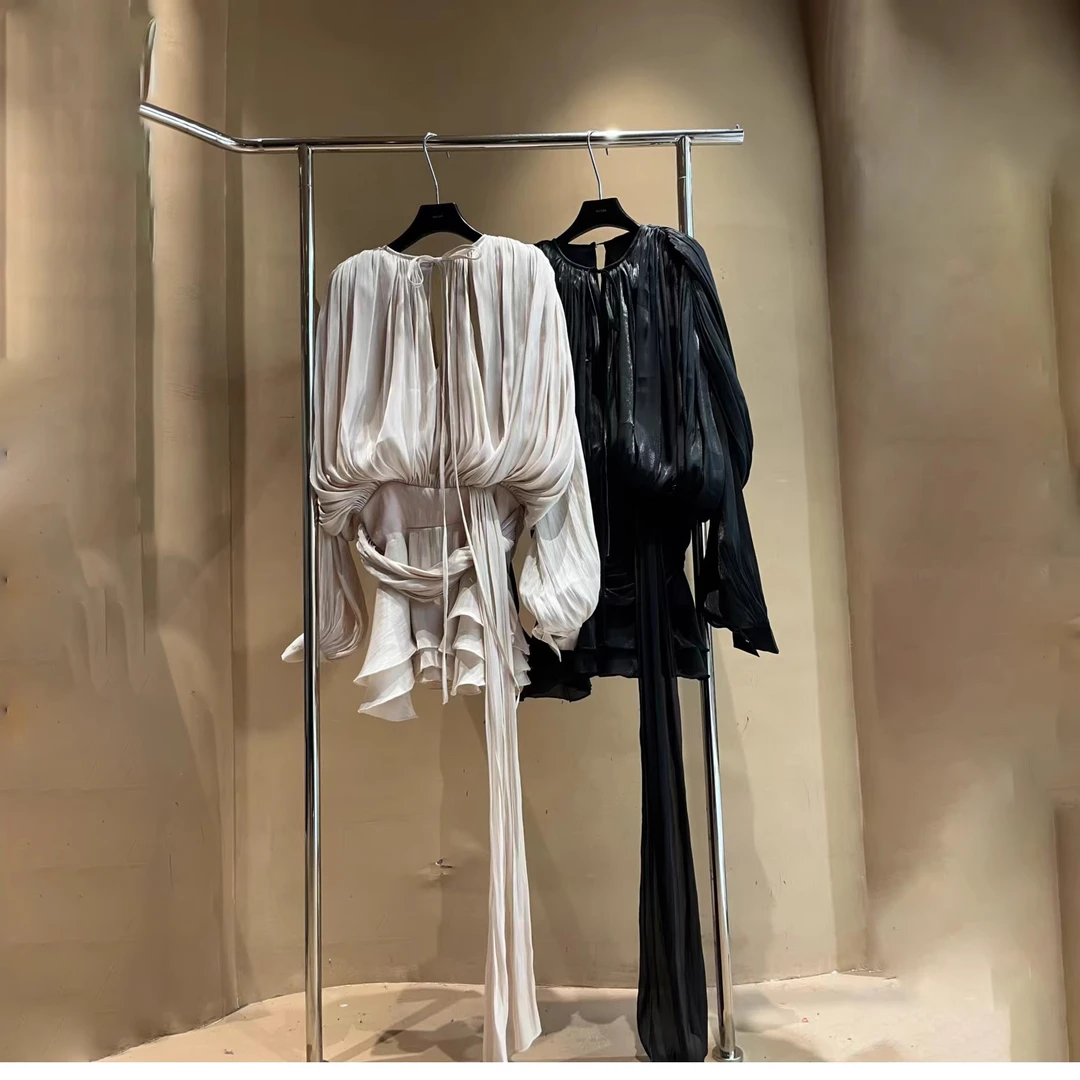 宽松慵懒长袖丝光飘带遮肉修身短款名媛气质新款性感甜辣风连衣裙