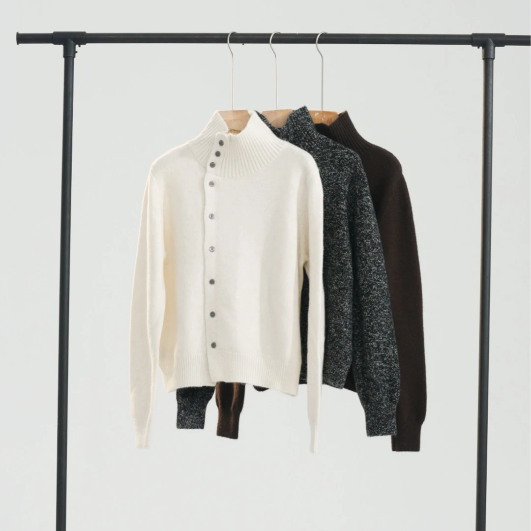 秋冬百搭简约斜门襟女款开衫毛衣07