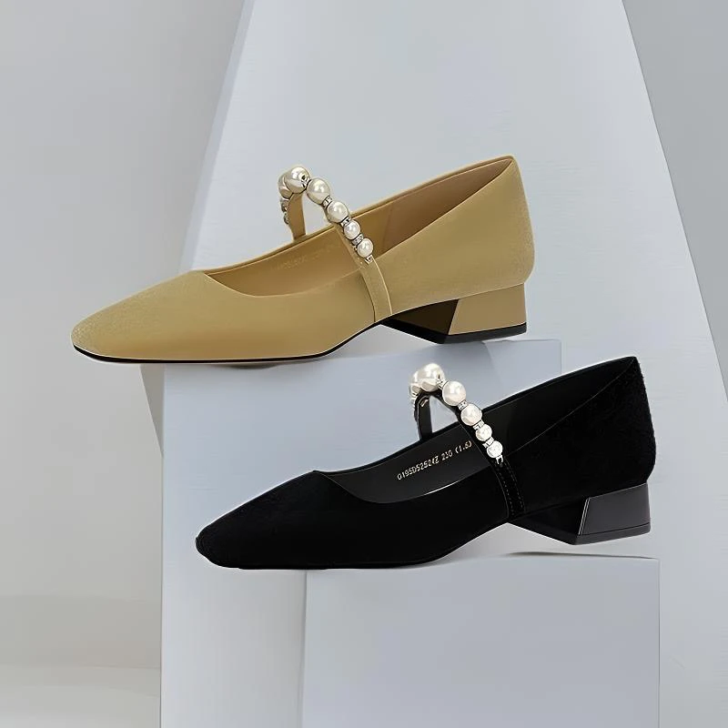 大厂正品春秋新轵26Y1601低跟丝绒浅口方头时百搭一字扣玛丽珍鞋