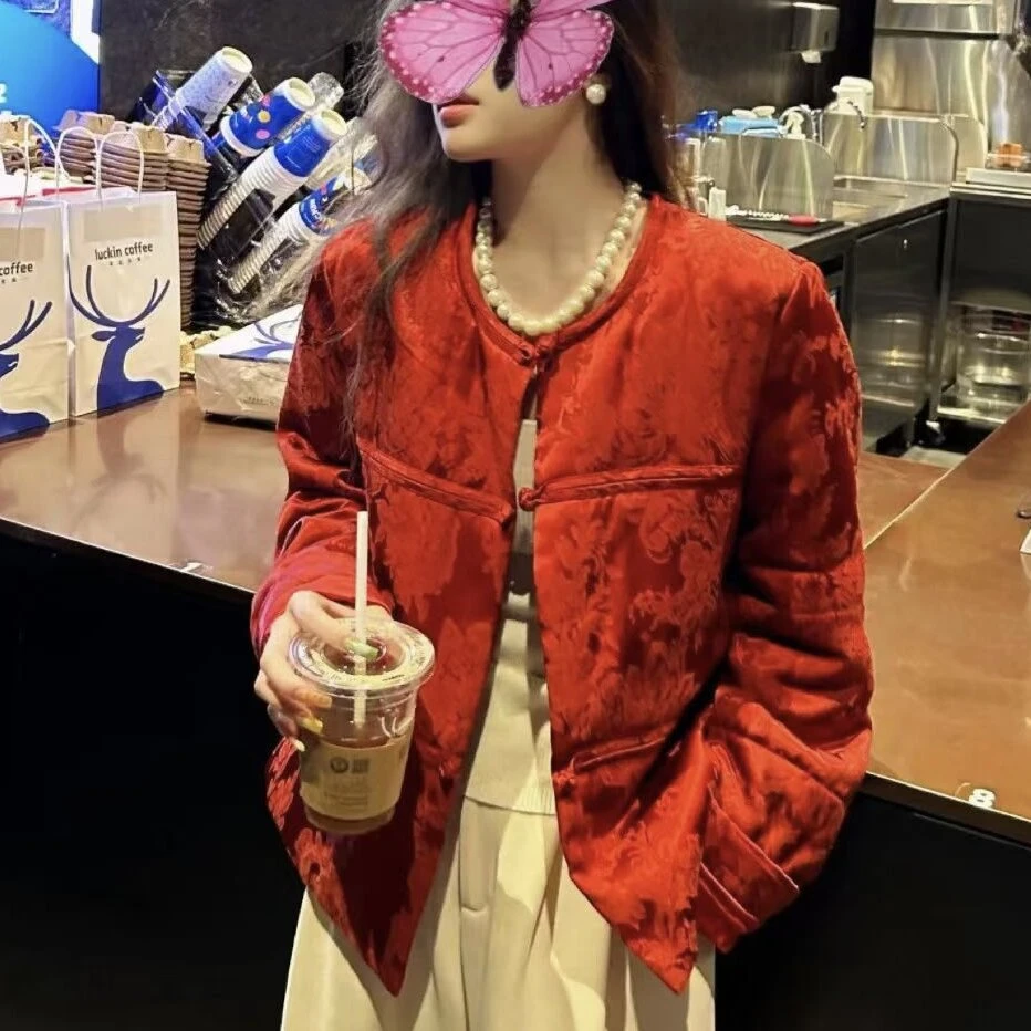 【红袖】复古新中式红色提花棉服保暖舒适优雅外套女