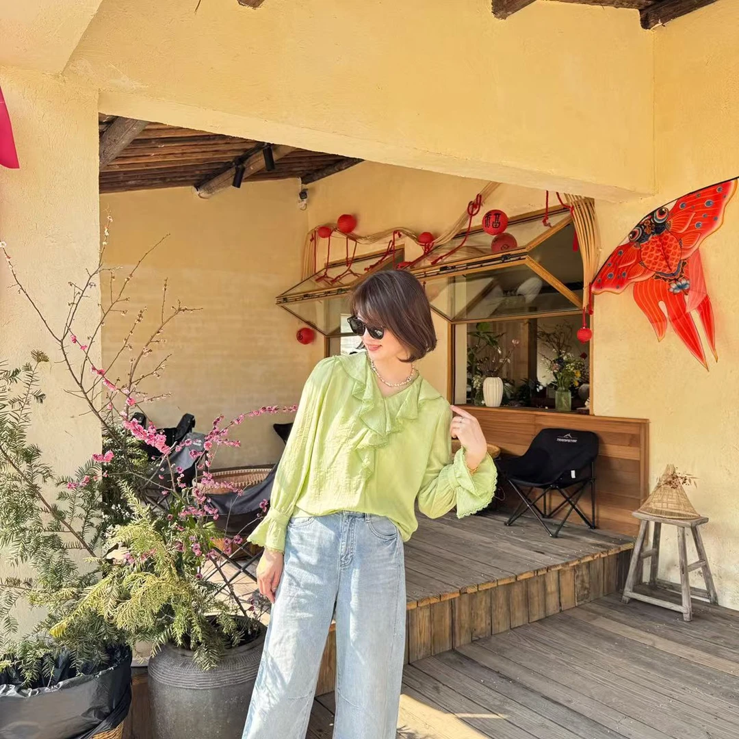 YOYO CROWN 高级感荷叶边领衬衣休闲衬衫