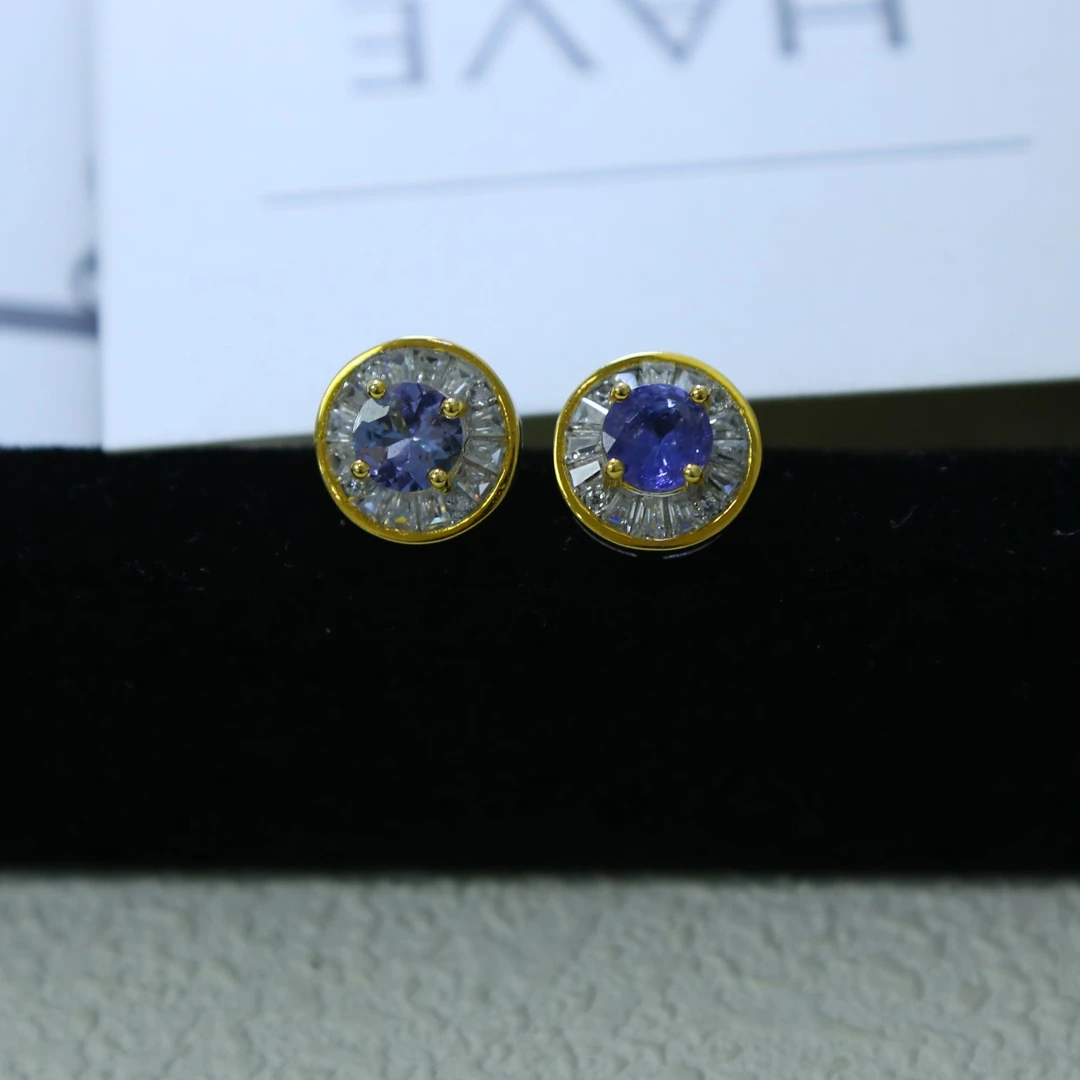 S925天然宝石坦桑石耳钉圆切