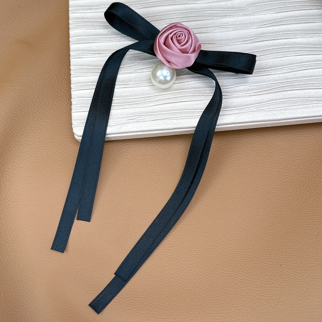 韩国复古玫瑰花朵黑色绸带蝴蝶结发夹飘带流苏弹簧夹