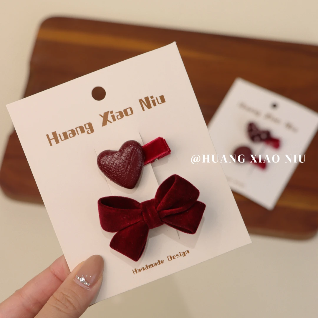 黄小妞秋冬儿童可爱植绒蝴蝶结发夹宝宝酒红发卡刘海夹新年发饰