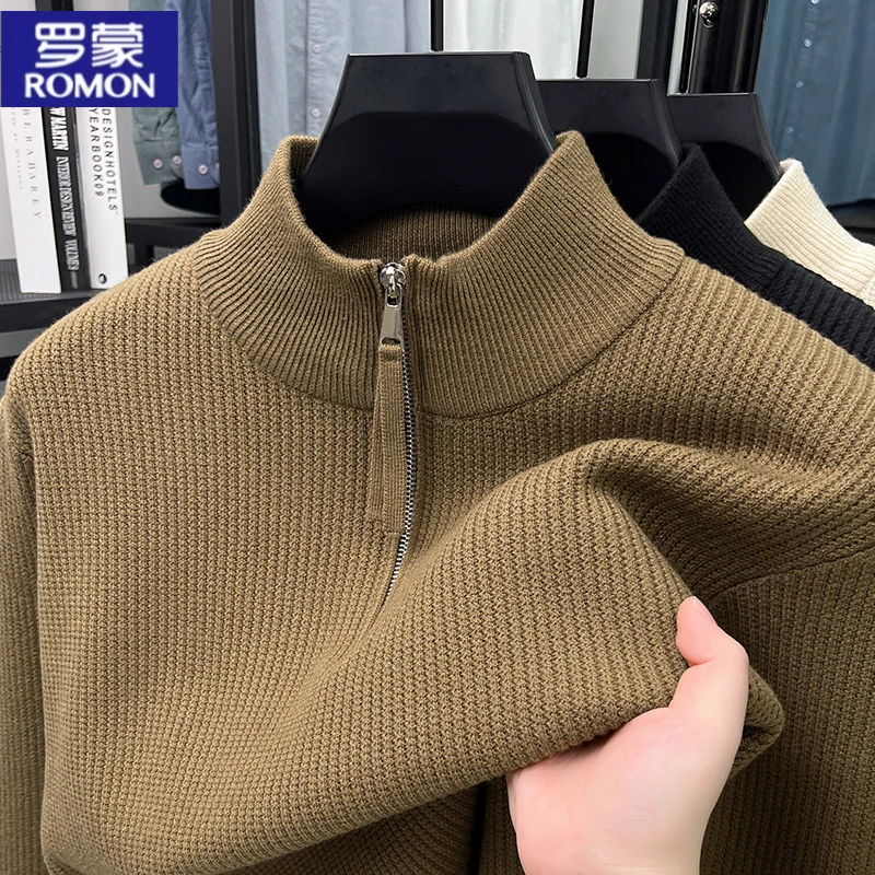 罗蒙轻奢拉链半高领针织衫男士休闲百搭加厚纯色毛衣保暖上衣男装