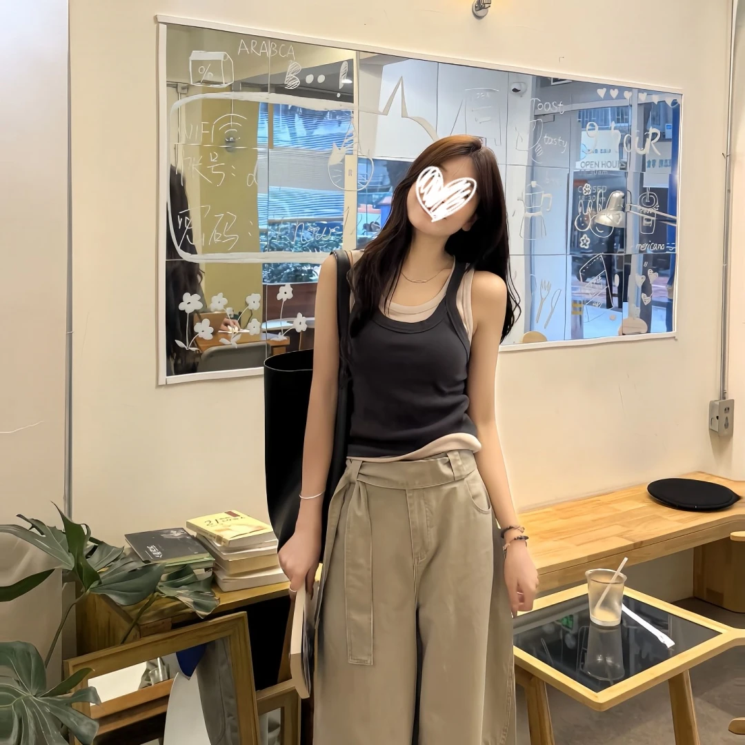 艺等YIDENG夏季新款纯欲韩系百搭叠穿两件式吊带背心修身显瘦上衣