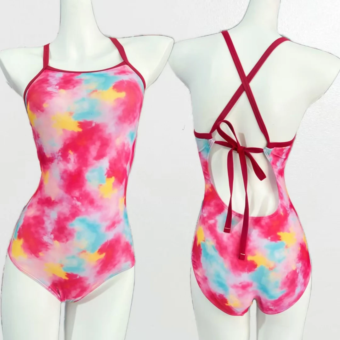 新款女竞速专业运动训练连体竞技游泳彩色晕染竞速泳衣性感时尚