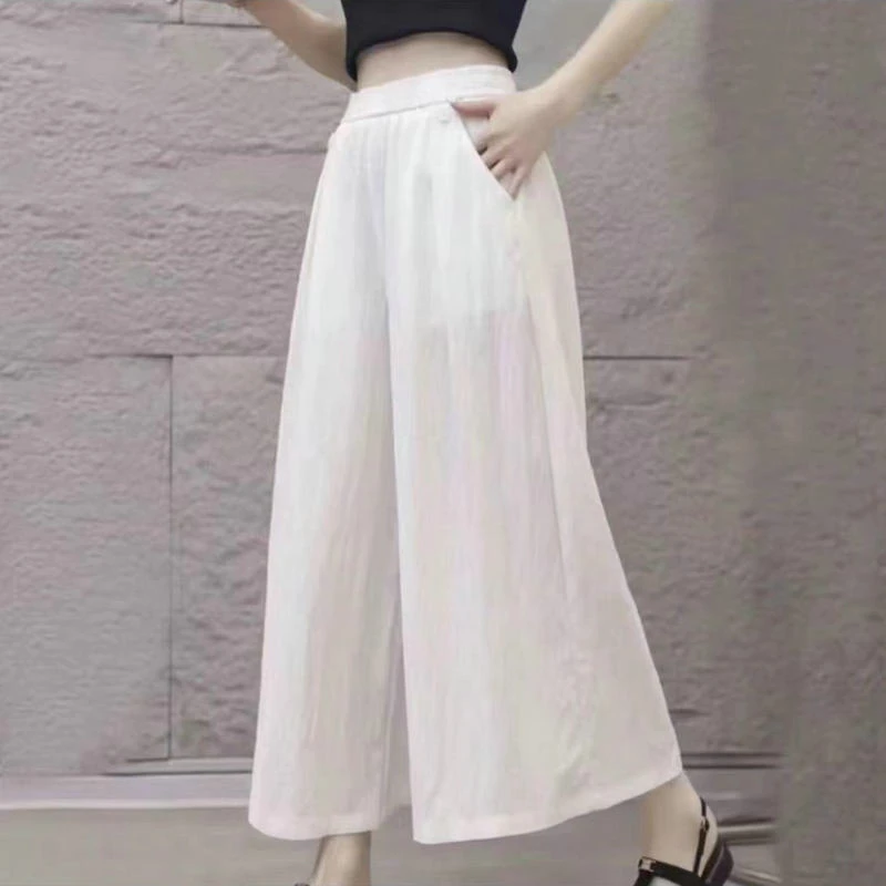 薄款纯色阔腿裤夏季高腰休闲裤文艺女装宽松松紧腰裤子