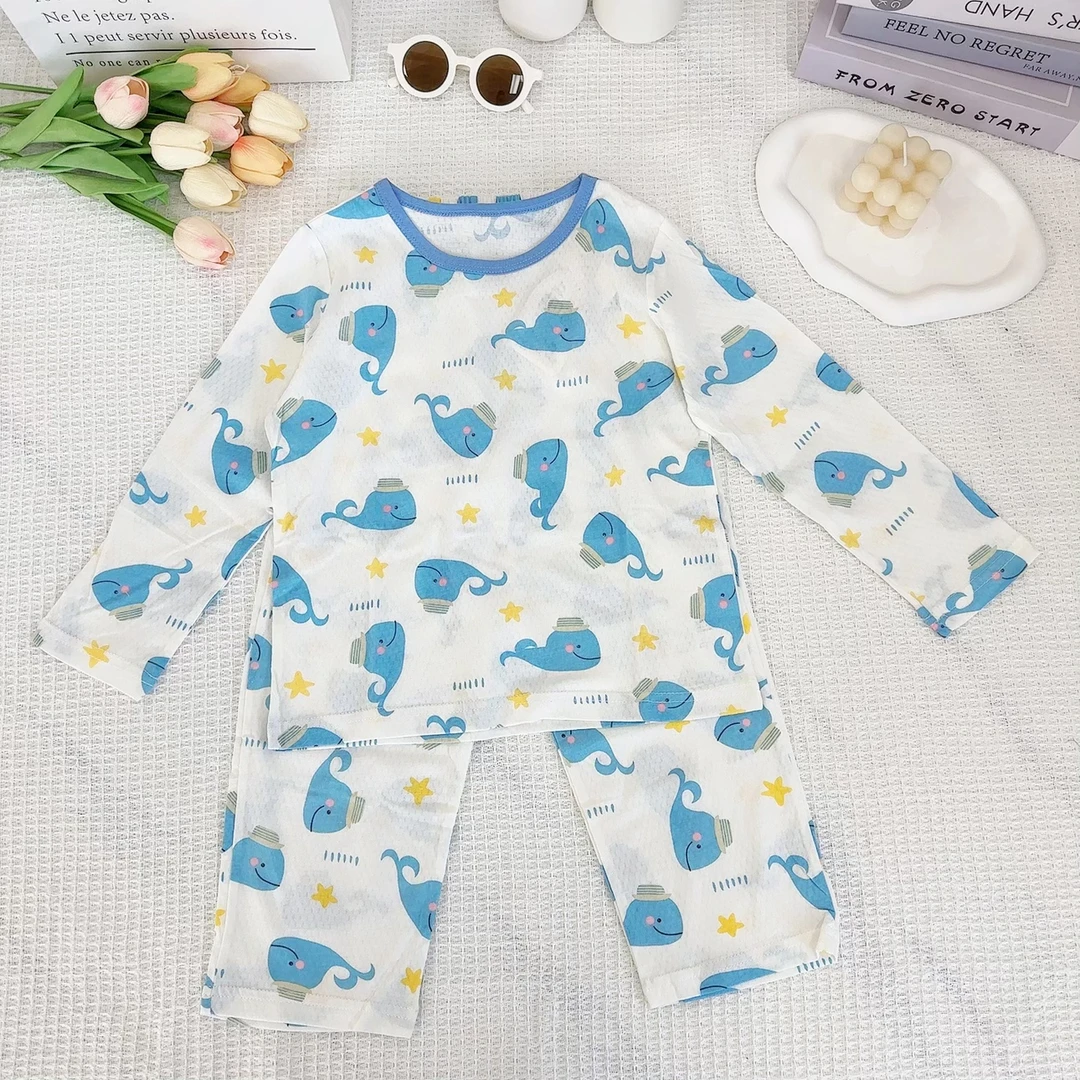 A类！3A抗J！儿童夏季纯棉网眼长袖长裤居家服套装