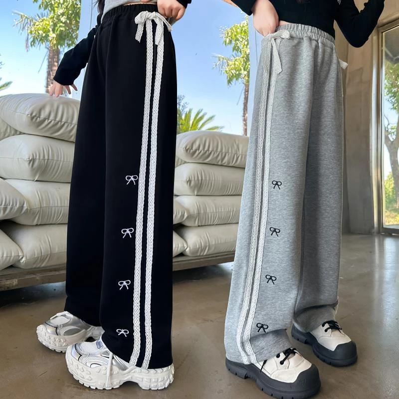 FAVMARTHA女童春秋款直筒运动裤2025新款大童蝴蝶结卫裤儿童拖地