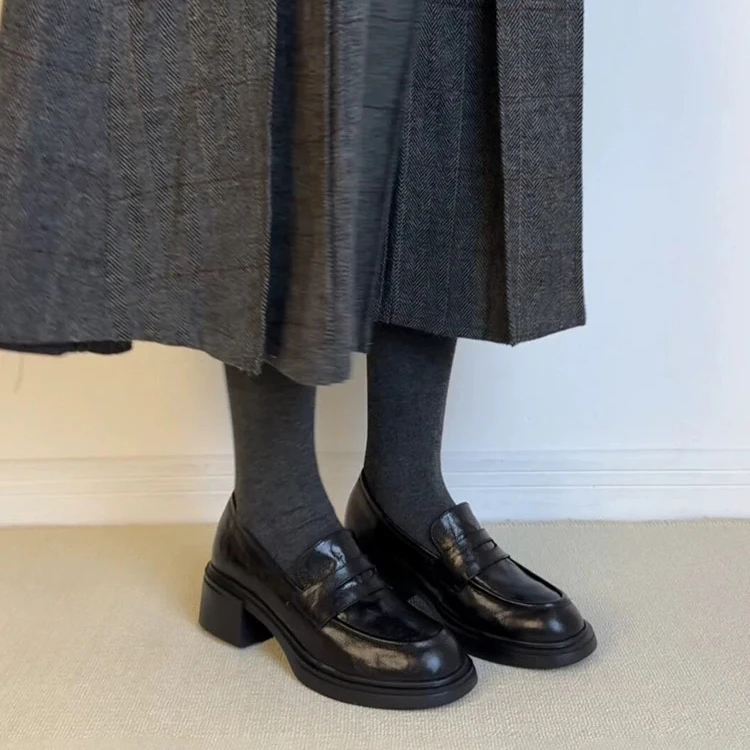 羊皮版~新款复古粗跟乐福鞋女一脚蹬圆头单鞋真皮通勤懒人小皮鞋